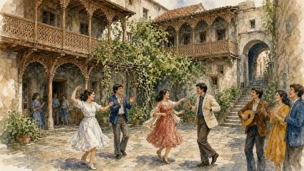 თბილისის ძველ ეზოში წყვილი ცეკვავს მუსიკაზე