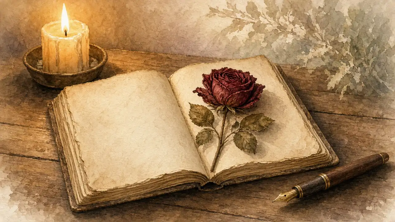 ღია წიგნი ლექსებით, ხმელი ვარდი და სანთელი ხის მაგიდაზე