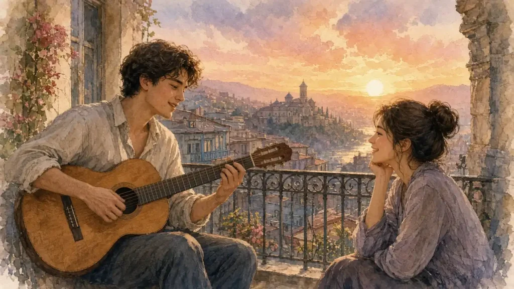 გიტარა ძველი თბილისის ხის აივანზე, ვარდებით