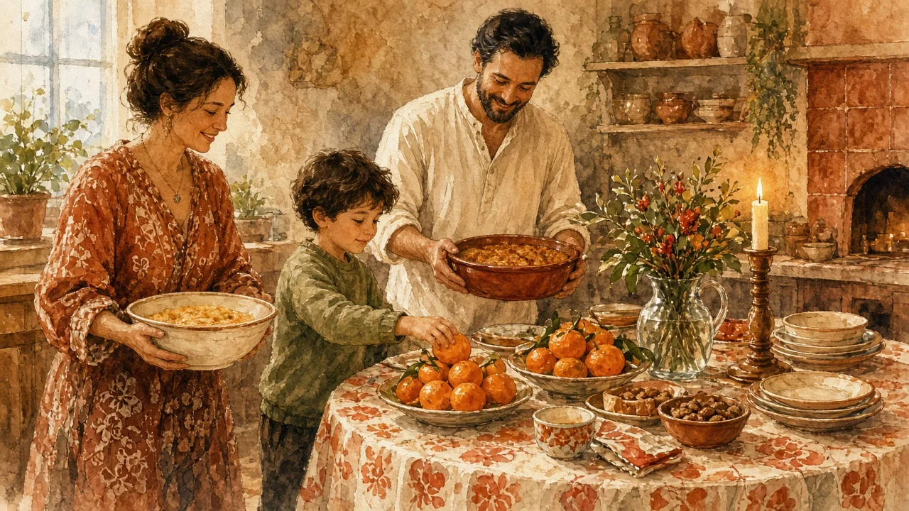 ოჯახი საახალწლო სუფრას შლის, ბავშვი მანდარინებს ალაგებს