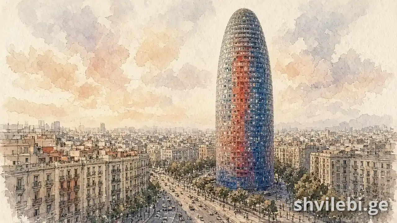 აკვარელის ილუსტრაცია: Torre Agbar (Torre Glòries) ბარსელონაში, ესპანეთი – ჟან ნუველის ნამუშევარი