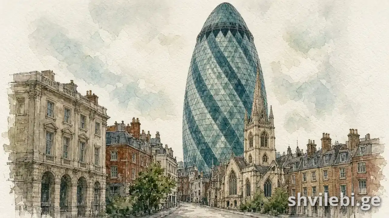 აკვარელის ილუსტრაცია: 30 St Mary Axe („The Gherkin“) ლონდონში – ნორმან ფოსტერის ნამუშევარი
