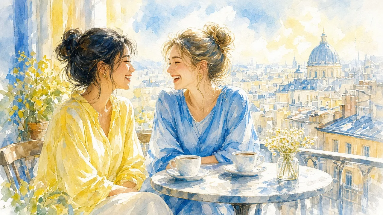 ორი მეგობარი კაფეში საუბრობს და იცინის — ტყუპები სიყვარულში